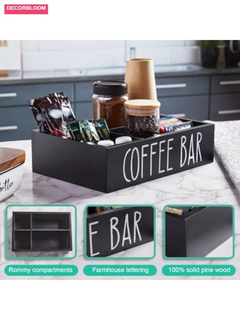 Wood Coffee Station Organizer with Removable Dividers - Farmhouse Countertop